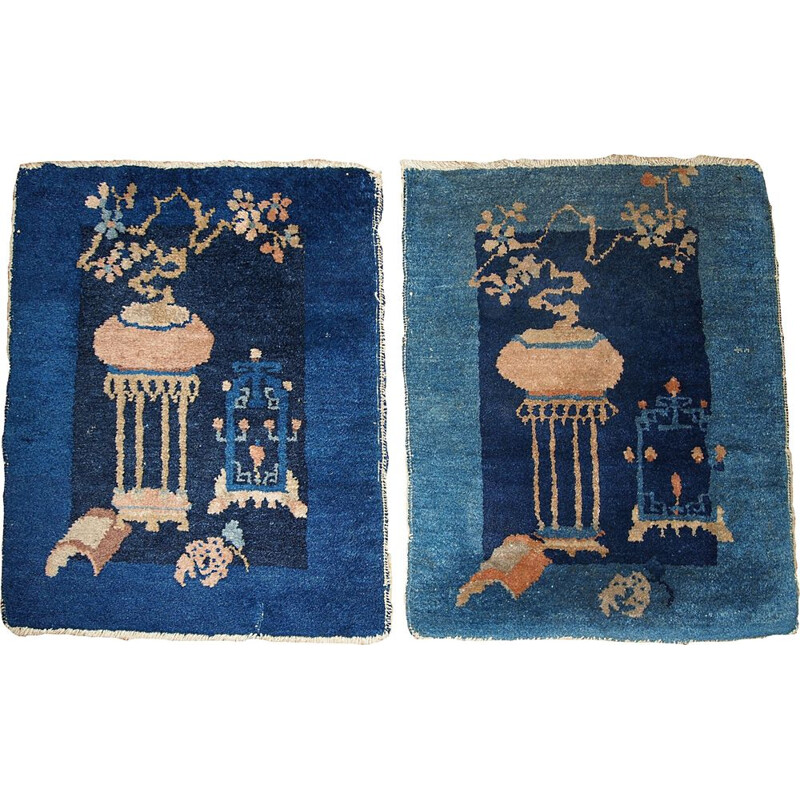 Pair of vintage handmade rug by Peking Chinese in blue wool