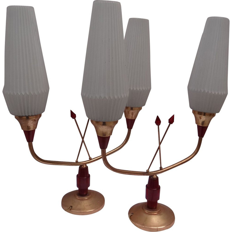 Pair of vintage french lamps in metal and glass 1950