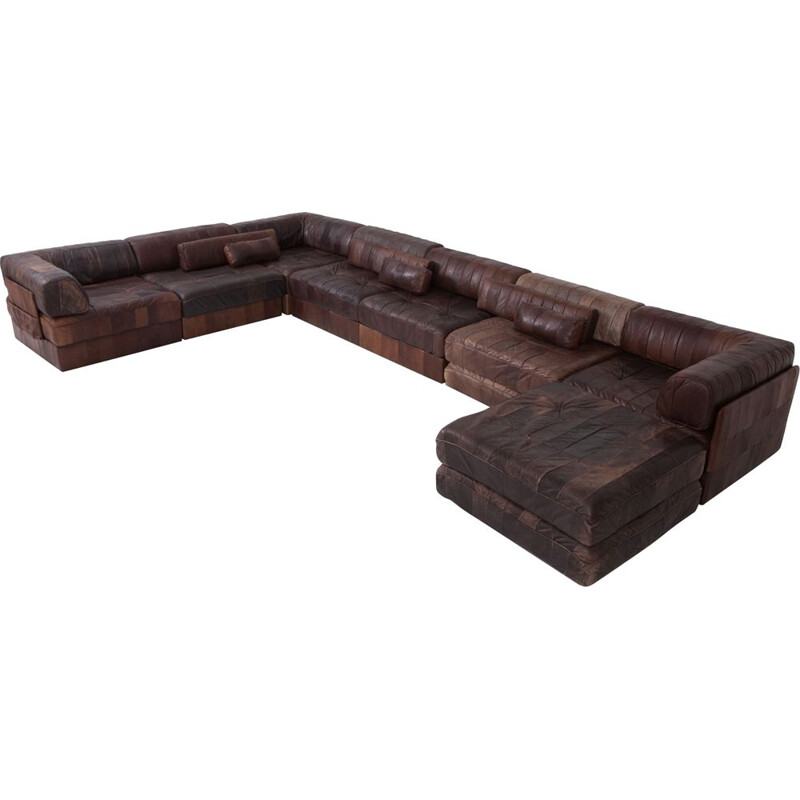 Vintage modular brown-cognac leather patchwork DS88 sofa    by De Sede