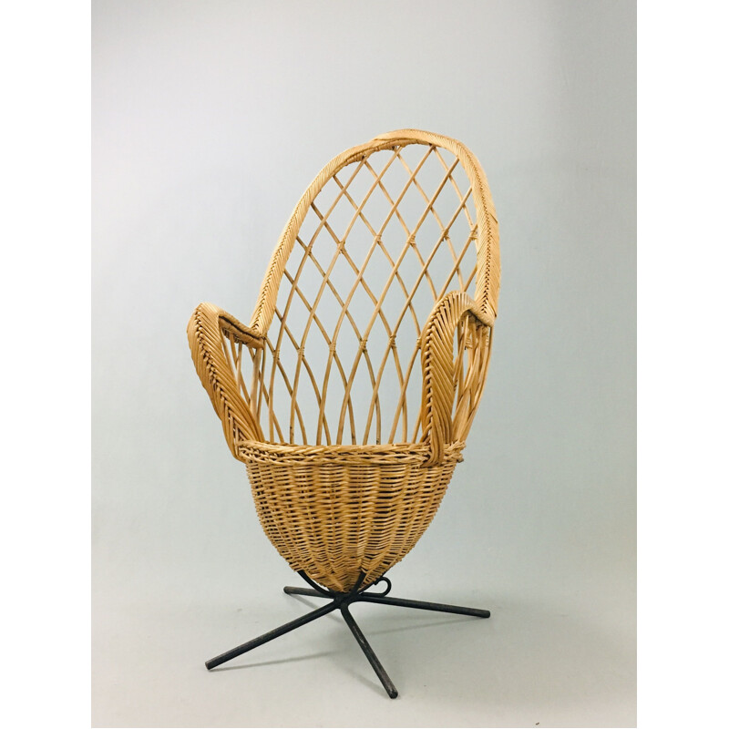 Vintage French "egg" armchair in steel and rattan