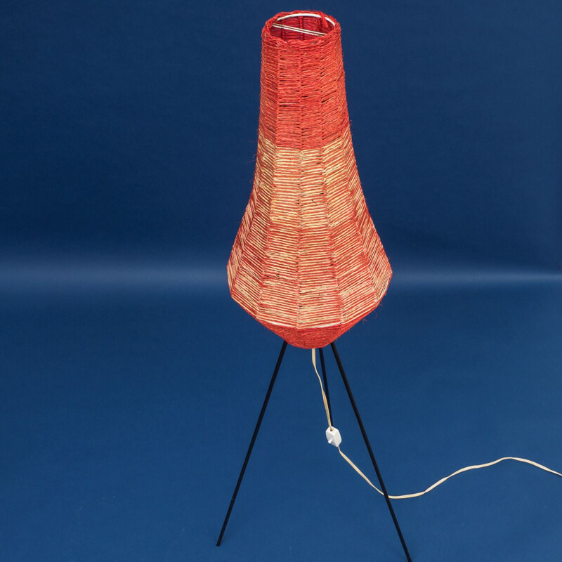 Vintage red metal tripod floor lamp 1950