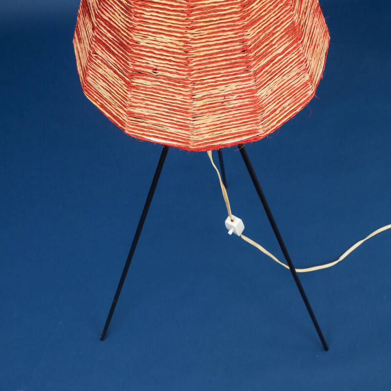 Vintage red metal tripod floor lamp 1950