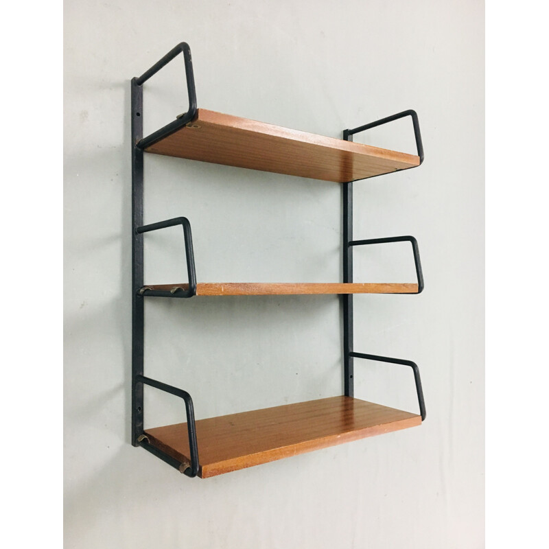 French vintage shelf in black steel and teak 1960