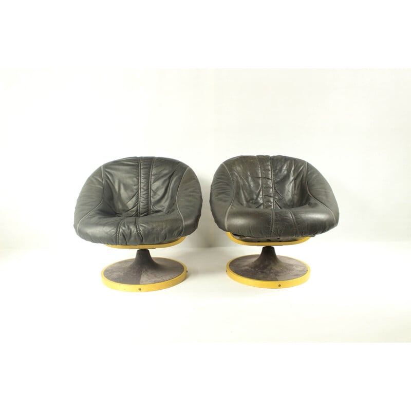 Paire de fauteuils vintage pivotants pour SoDa Galvano en cuir marron 1970