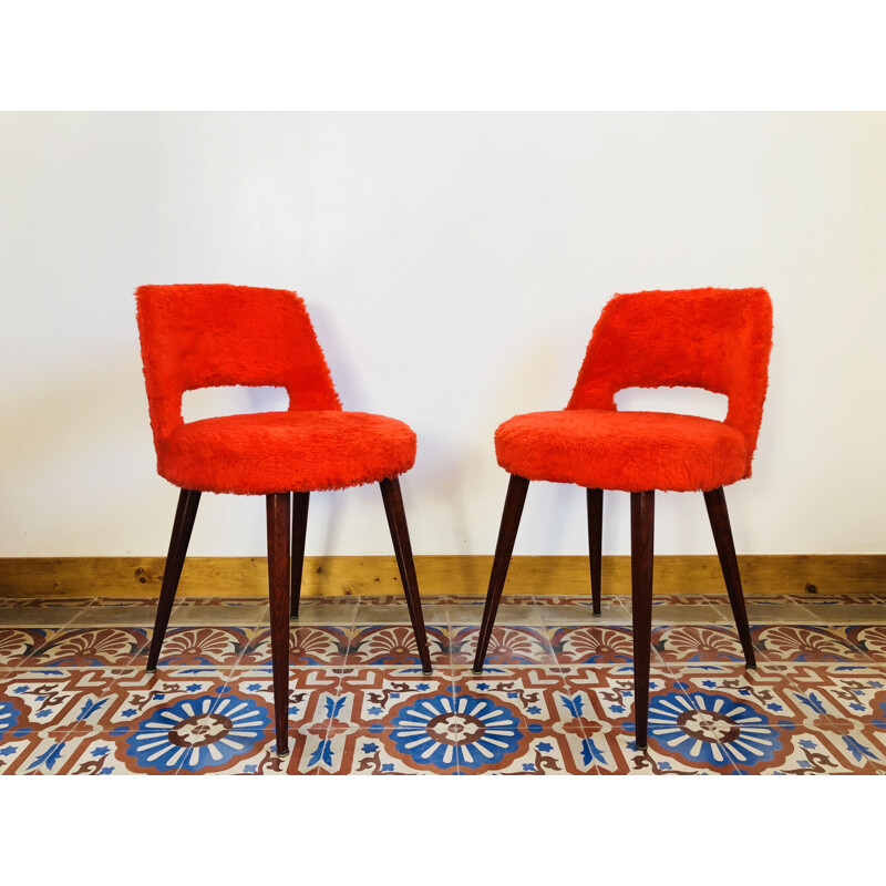 Pair of vintage french chairs in red fabric and mahogany 1960