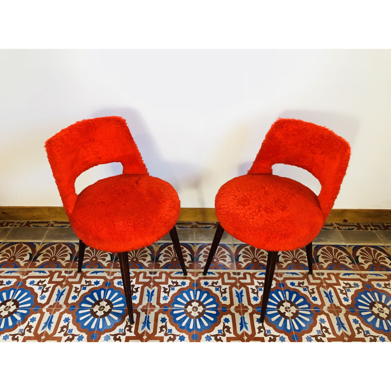 Pair of vintage french chairs in red fabric and mahogany 1960