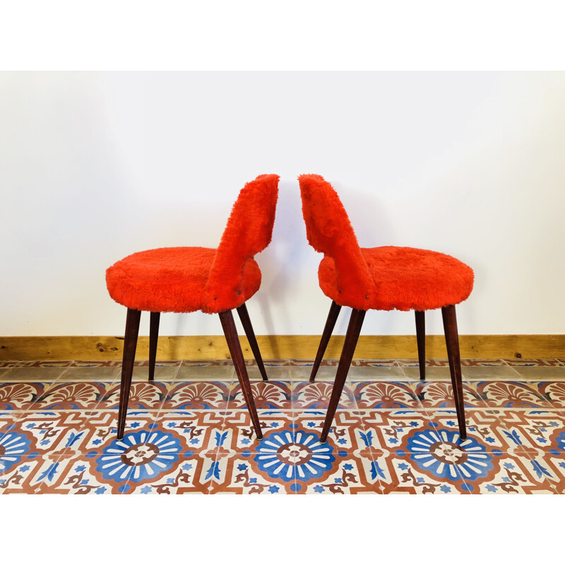 Pair of vintage french chairs in red fabric and mahogany 1960