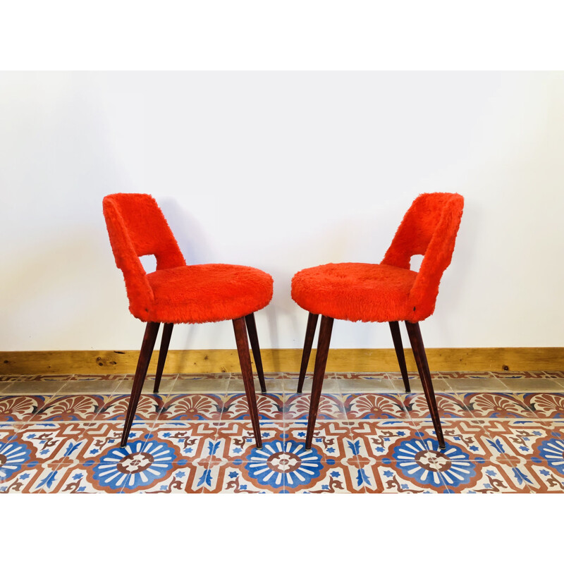 Pair of vintage french chairs in red fabric and mahogany 1960