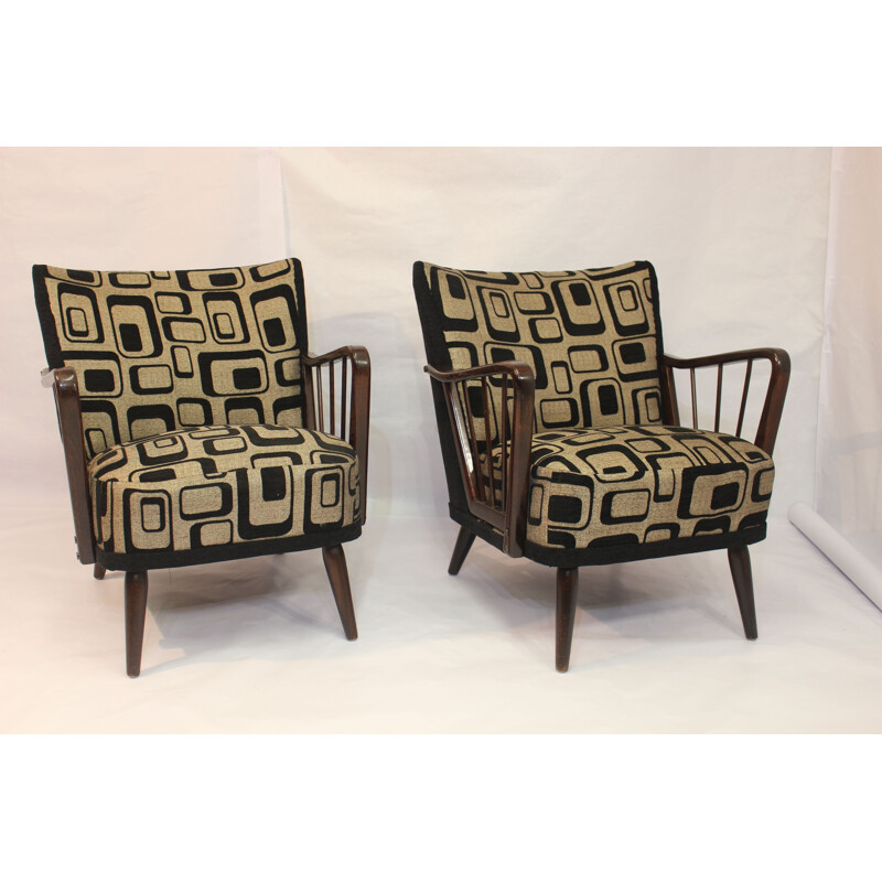 Pair of vintage armchairs in wood and fabric 1950