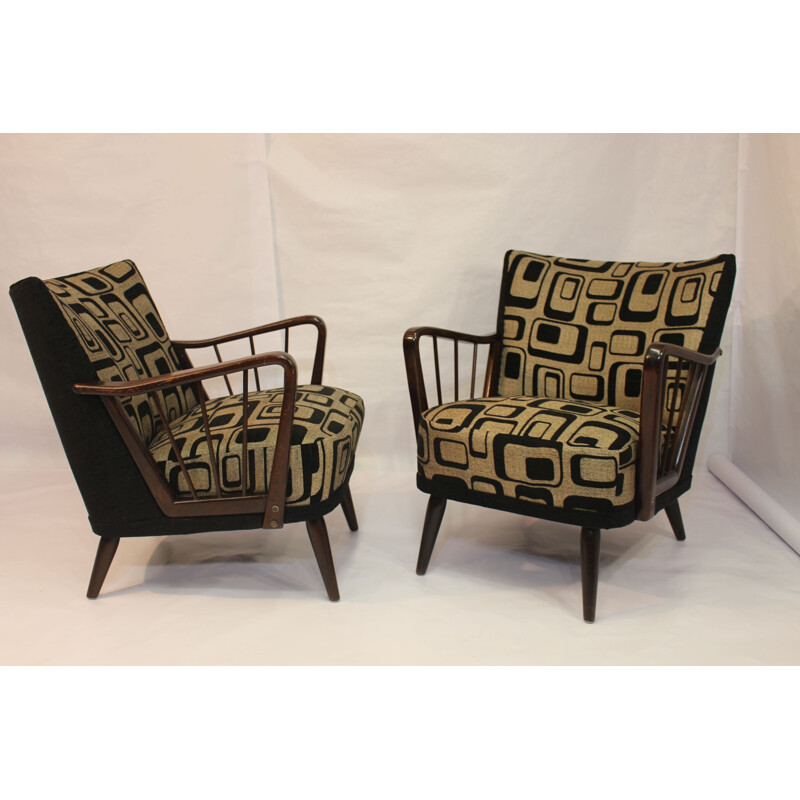 Pair of vintage armchairs in wood and fabric 1950