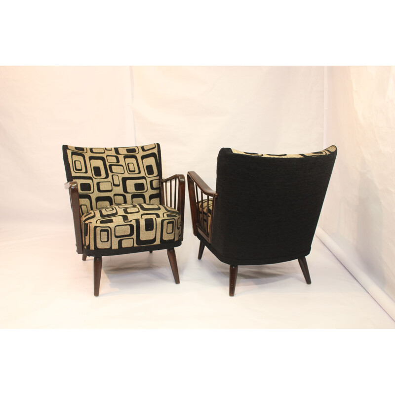 Paire de fauteuils vintage en bois et tissu 1950