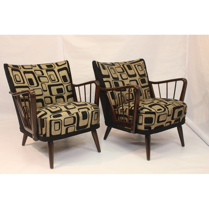 Pair of vintage armchairs in wood and fabric 1950