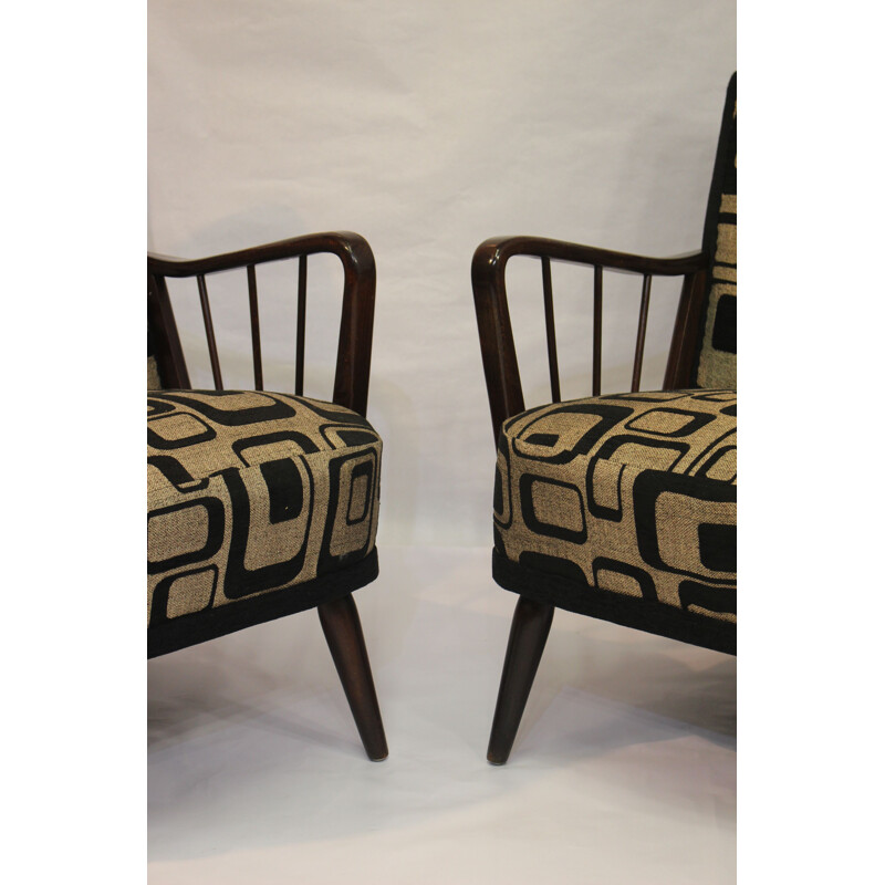 Pair of vintage armchairs in wood and fabric 1950