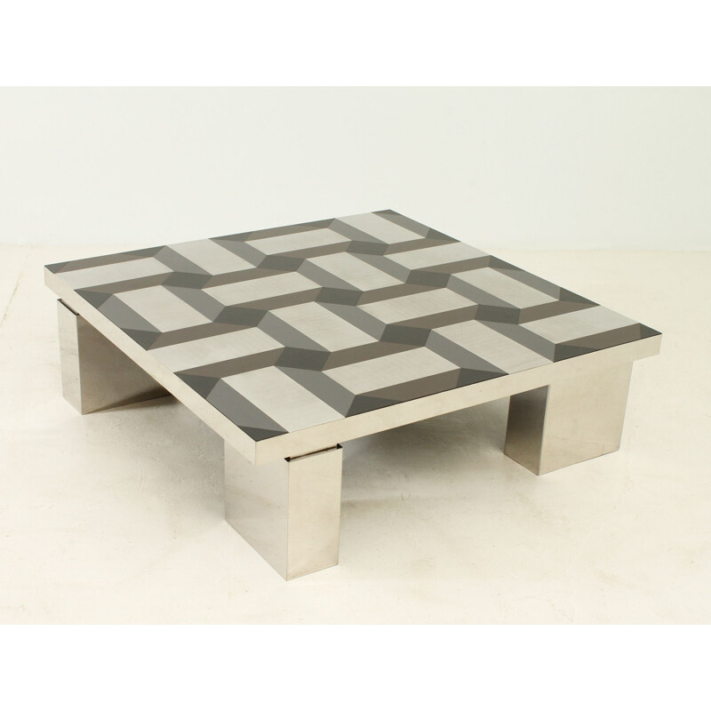 Vintage italian table in steel with geometric pattern top 1970