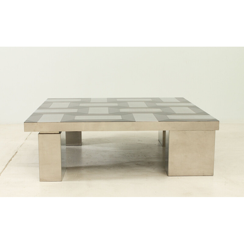 Vintage italian table in steel with geometric pattern top 1970