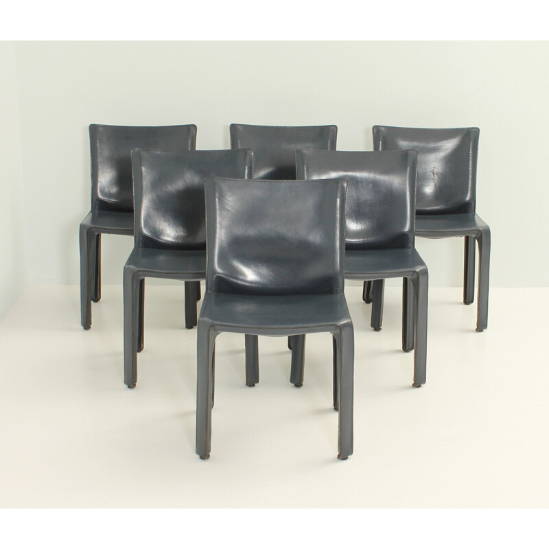 Set of 6 vintage Cab Chairs by Mario Bellini in blue leather and steel