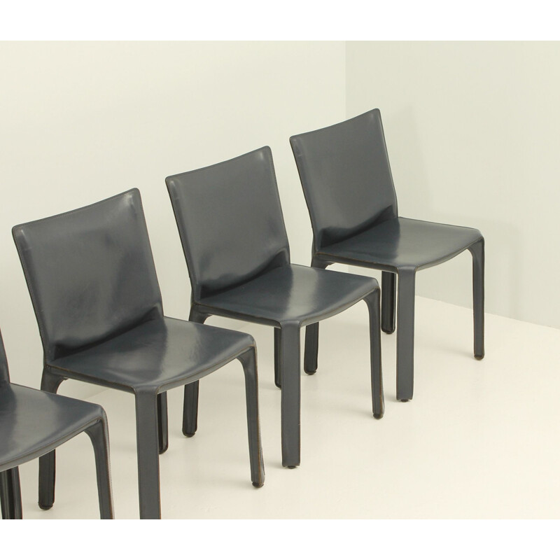 Set of 6 vintage Cab Chairs by Mario Bellini in blue leather and steel