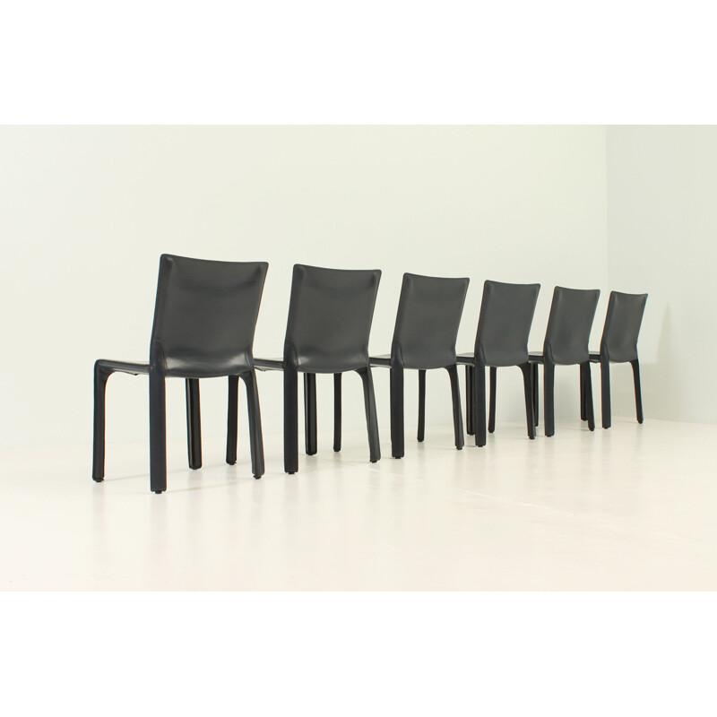 Set of 6 vintage Cab Chairs by Mario Bellini in blue leather and steel