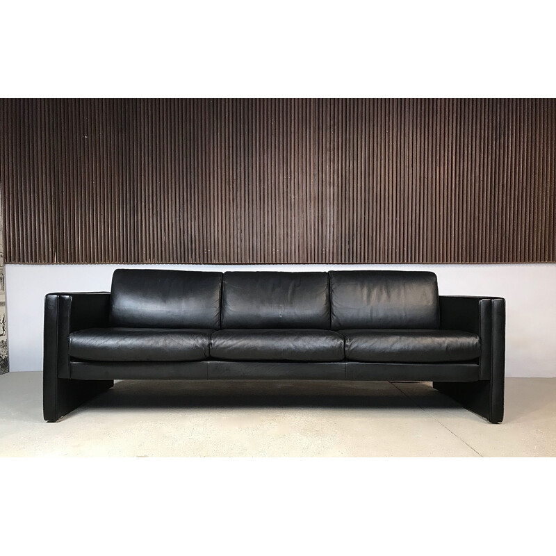 Vintage 3-seater sofa for Knoll in black leather 1980