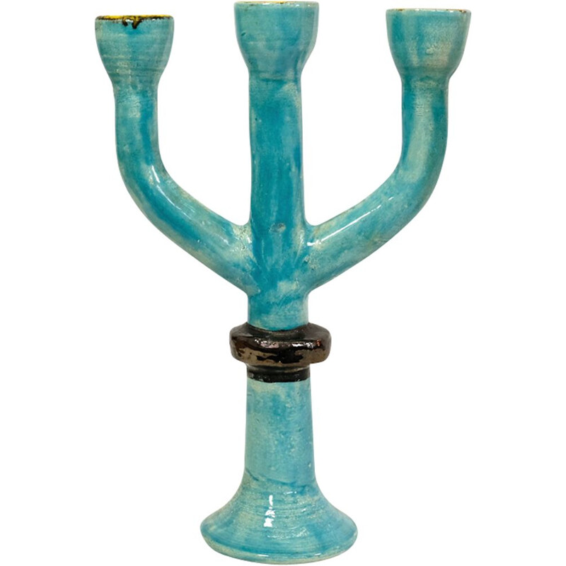 Vintage blue three-armed candle holder by JPB