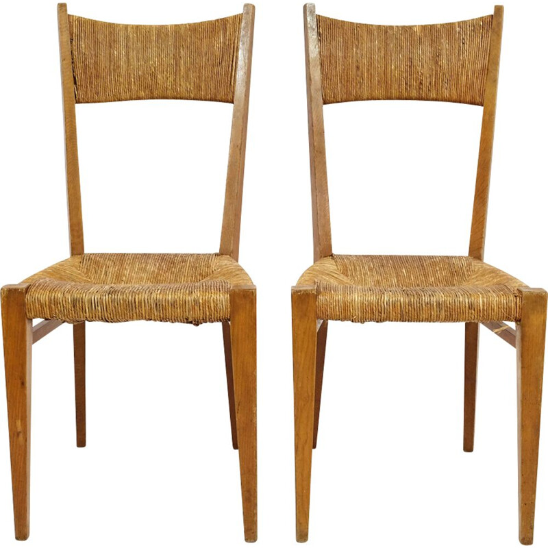 Set of 2 vintage French chairs in straw