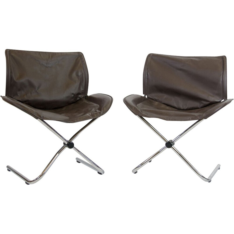 Set of 2 vintage foldable armchairs in leather by Cor