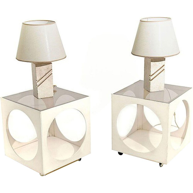 Set of 2 vintage French white side tables in wood and smoked glass