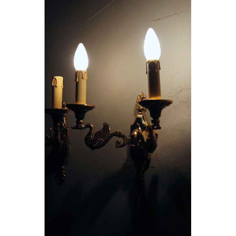 Set of 2 wall lamps in bronze Empire style by Lucien Gau Paris