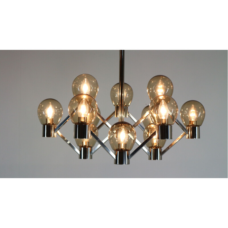 Vintage chrome and smoked glass geometric chandelier