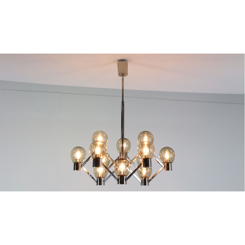 Vintage chrome and smoked glass geometric chandelier