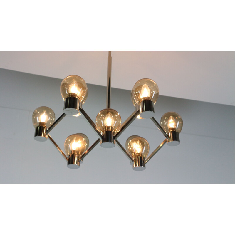 Vintage chrome and smoked glass geometric chandelier