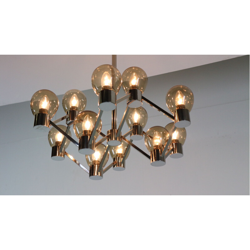 Vintage chrome and smoked glass geometric chandelier