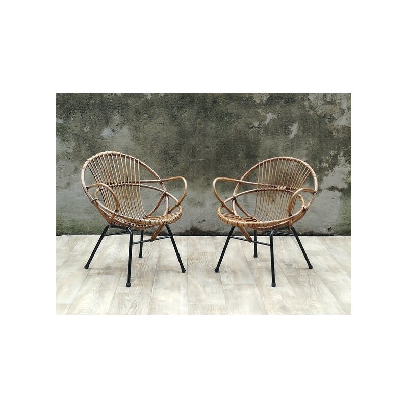 Set of 2 vintage armchairs shell in rattan and metal legs