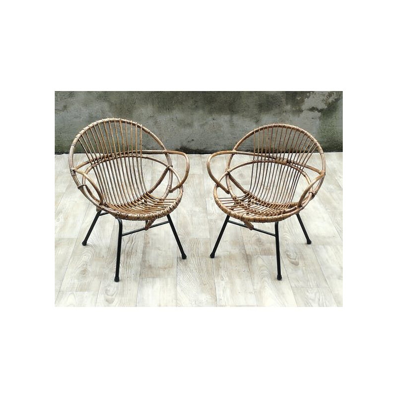 Set of 2 vintage armchairs shell in rattan and metal legs