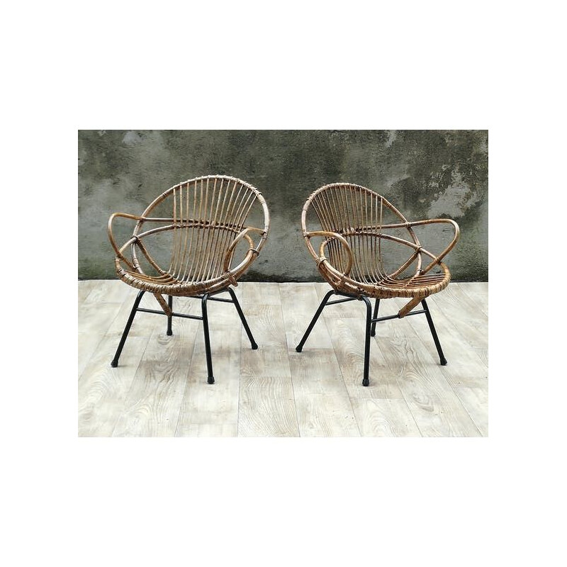 Set of 2 vintage armchairs shell in rattan and metal legs