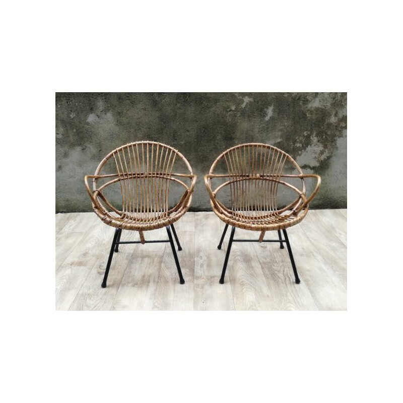 Set of 2 vintage armchairs shell in rattan and metal legs