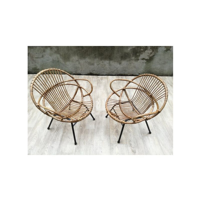 Set of 2 vintage armchairs shell in rattan and metal legs