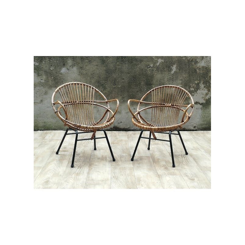 Set of 2 vintage armchairs shell in rattan and metal legs