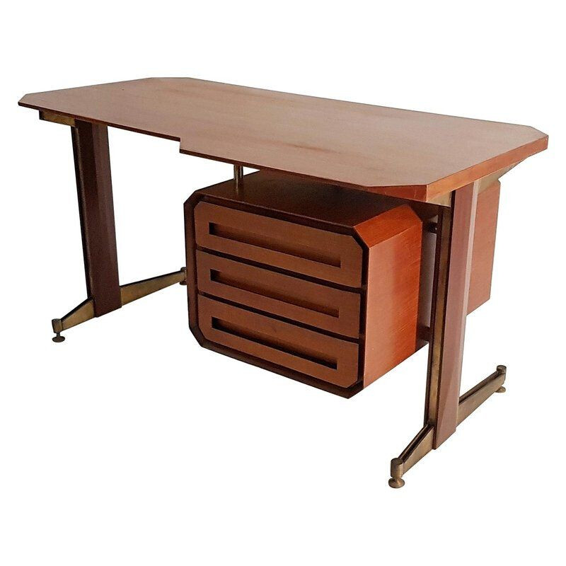 Vintage Italian desk in teak and brass