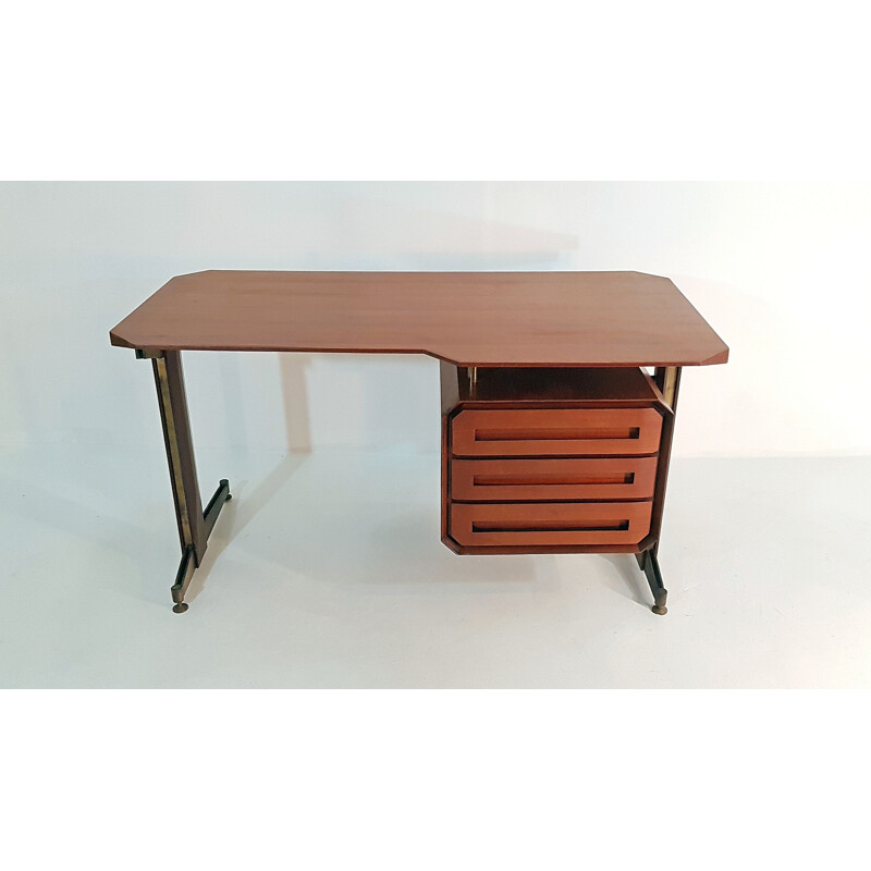 Vintage Italian desk in teak and brass