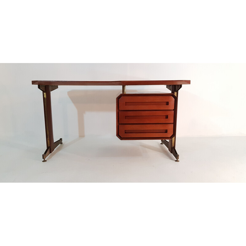 Vintage Italian desk in teak and brass