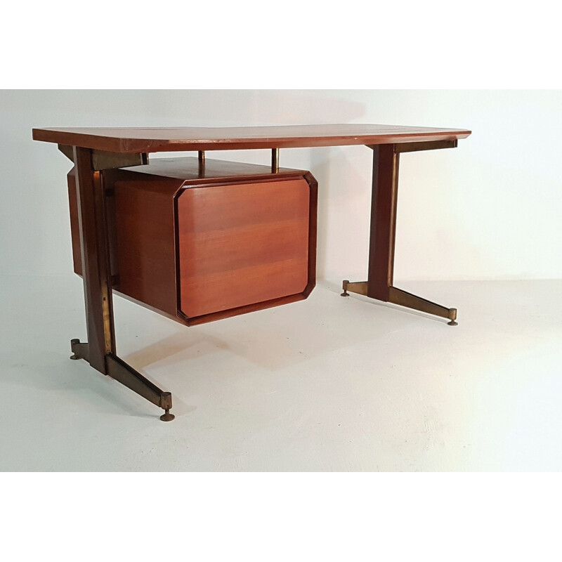 Vintage Italian desk in teak and brass