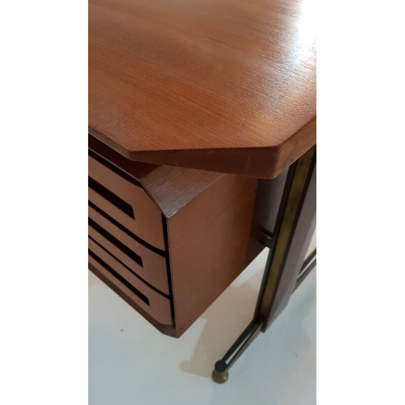 Vintage Italian desk in teak and brass