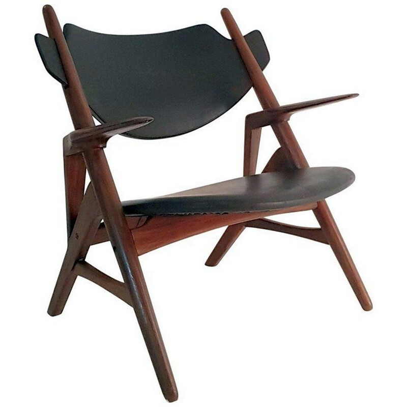 Vintage teak and leatherette chair by Hans Wegner