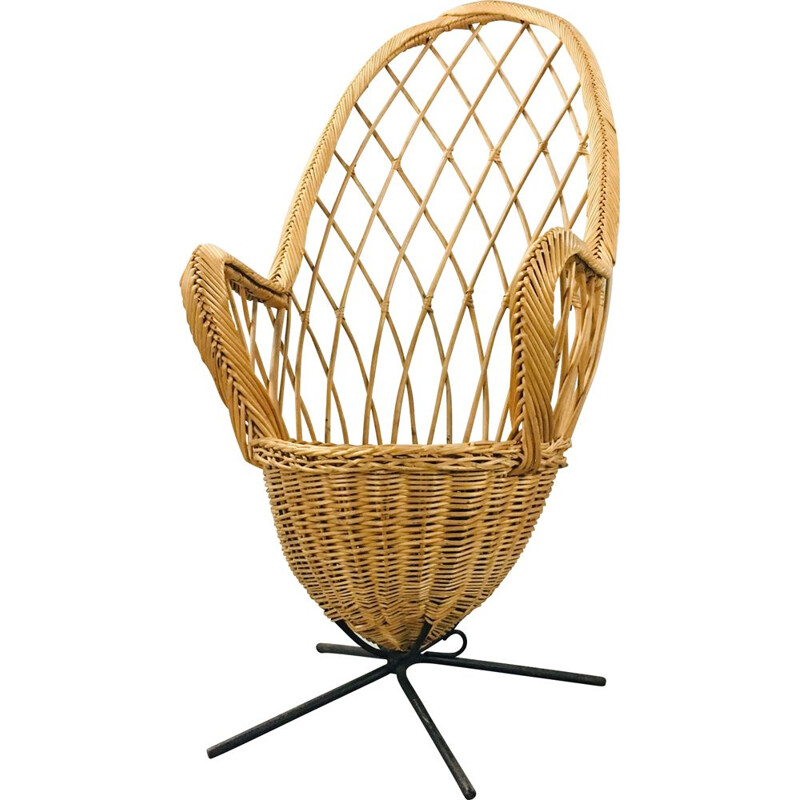 Vintage French "egg" armchair in steel and rattan