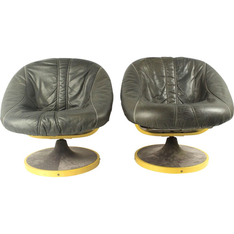 Paire de fauteuils vintage pivotants pour SoDa Galvano en cuir marron 1970