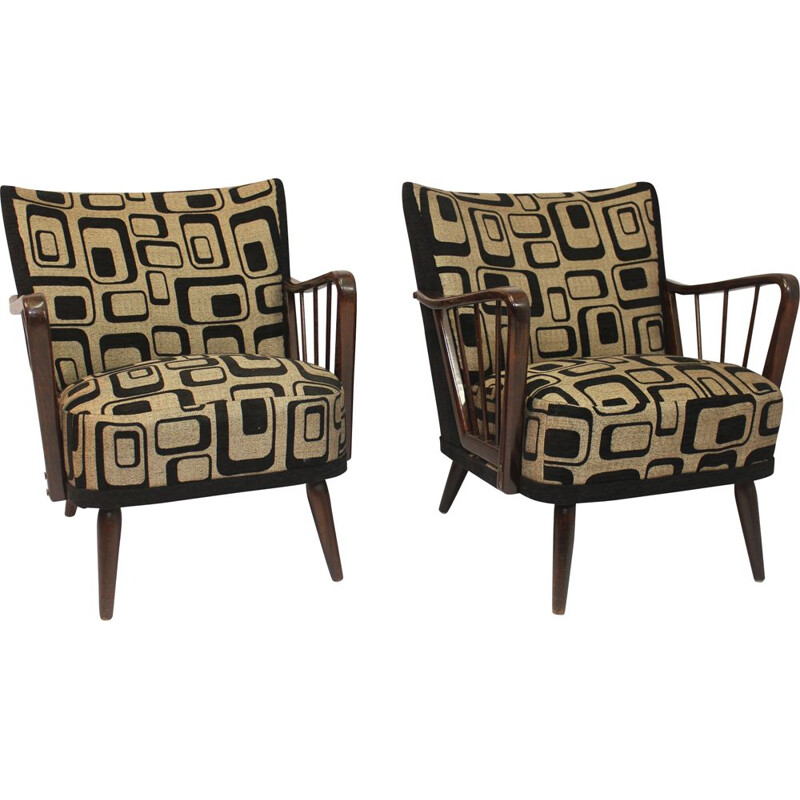 Pair of vintage armchairs in wood and fabric 1950