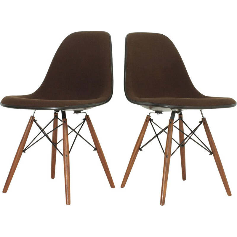 Pair of vintage brown DSW Chairs for Herman Miller in fiberglass and fabric