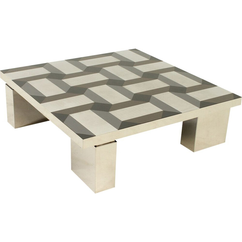 Vintage italian table in steel with geometric pattern top 1970
