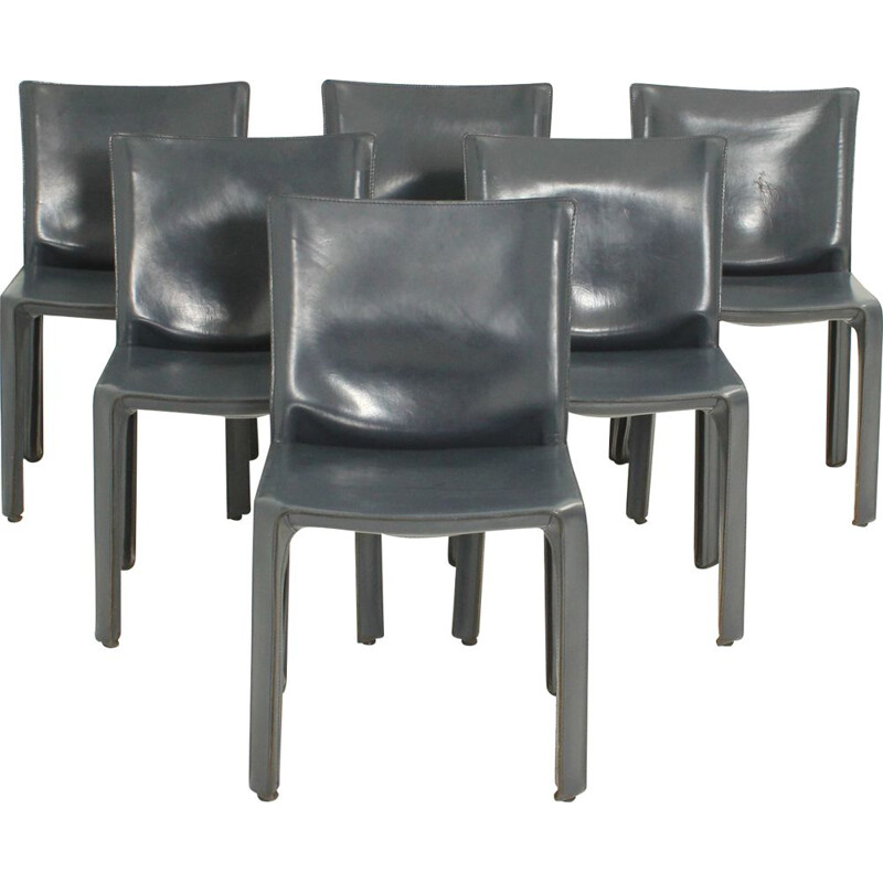 Set of 6 vintage Cab Chairs by Mario Bellini in blue leather and steel